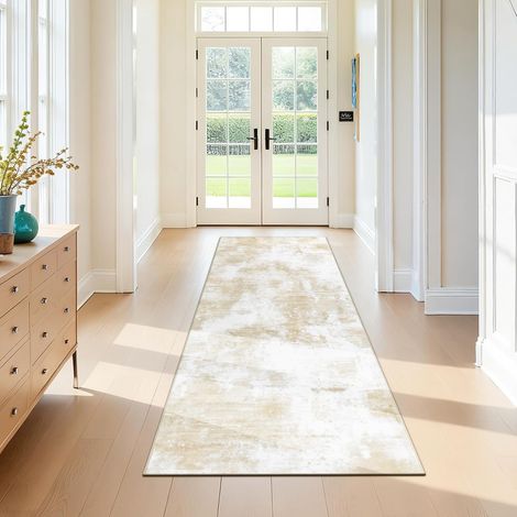 Tapis de Couloir 80x200cm, Poil Ras Tapis de Passage Couloir Antidérapant et Lavable Moderne Motif Abstrait Tapis de Sol Long Entrée Doux pour Porte Couloir Cuisine Buanderie Chambre, Beige (1/5)