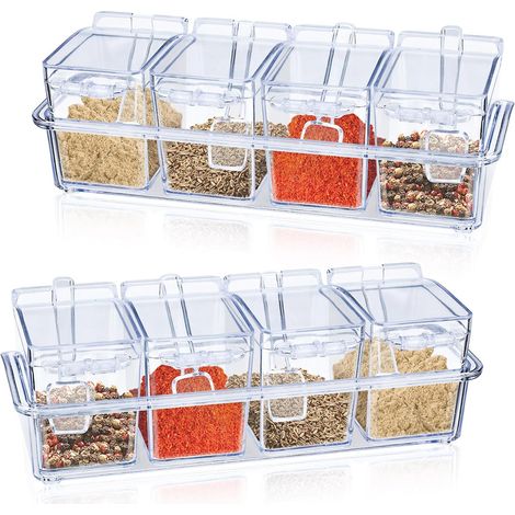 Lot de 8 pots à épices transparents en plastique avec couvercle, cuillères et plateau à condiments, petits pots à épices pour sel, sucre, poivre (2)
