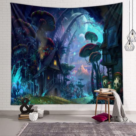 70.8x90 inch Tenture Murale Forêt Maison, Tapisserie Psychédélique Fantaisie Tapisseries Murale Champignon Château, Tapestry Hippie Décoration Tenture Couverture pour Chambre Salon