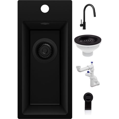 PRIMAGRAN Evier Cuisine en Granit 23x50cm,Lavabo 1 Bac + Robinet 40x20cm + Kit de Vidage, Évier à Encastrer au Meuble 25cm - Riga, Tout Noir (1/5)