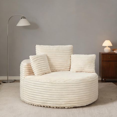 Fauteuil rond en tissu crème avec assise profonde en polyester (1/5)