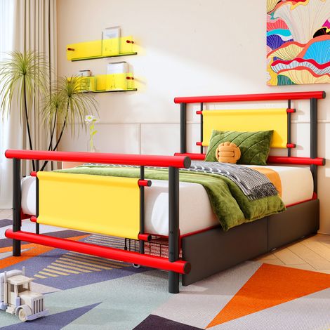 Lit enfant métal 90x200 cm avec tiroirs, lit plateforme coloré, structure acier robuste, gain de place pour chambre fille ou garçon - Rouge