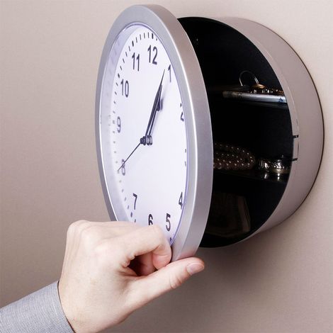 Horloge murale vintage ronde avec coffre-fort dissimulé, grand espace de rangement pour bijoux, argent et téléphones portables, argentée. (1/4)