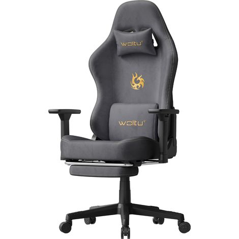 WOLTU Chaise Gaming, Chaise Bureau Ergonomique avec Accoudoirs 3D en Imitation Daim Respirant, Repose-pieds Rétractable, Gris (1/5)