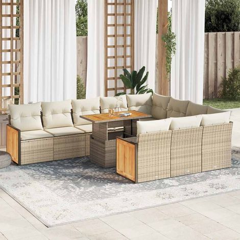 Salon de jardin 11pcs avec coussins beige résine tressée acacia (1/5)