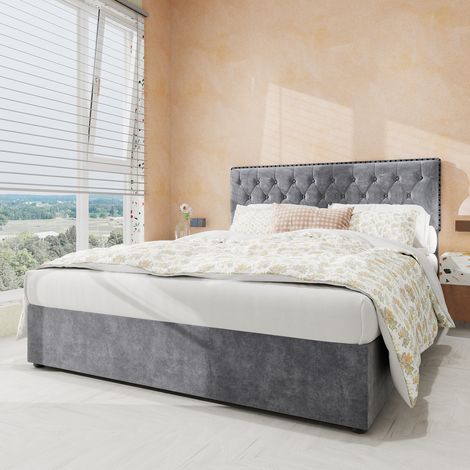 Cama doble con almacenaje para adultos de 160x200 cm, cabecero tapizado, somier de láminas, colchón no incluido - estilo minimalista moderno, terciopelo, gris (1/5)