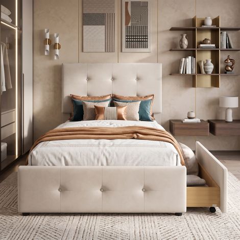 Superaly Lit double capitonné 90x200 cm, Lit coffre avec 2 tiroirs, Hauteur de tête de lit réglable, Capitonnage à boutons, Sommier à lattes, Convient aux enfants et adolescents, Velours, Beige (1/5)