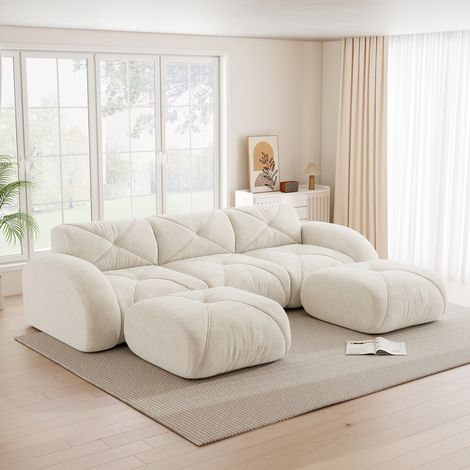 U-förmiges 3-Sitzer-Modulsofa, rahmenloses Modulsofa, inklusive 2 Hockern, geeignet für Wohnzimmer, bequemer Stoff, rutschfestes Design, keine Montage erforderlich,  Weiß