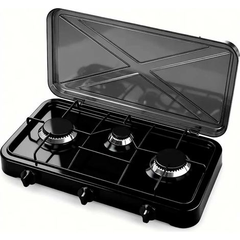 Fornello A Gas Portatile 2 Fuochi con Coperchio Piano Cottura Campeggio GPL Gas Naturale Fornello da Camping In Acciaio Con Griglie Smaltate Cucina Portatile per Camper Picnic Outdoor Nero
