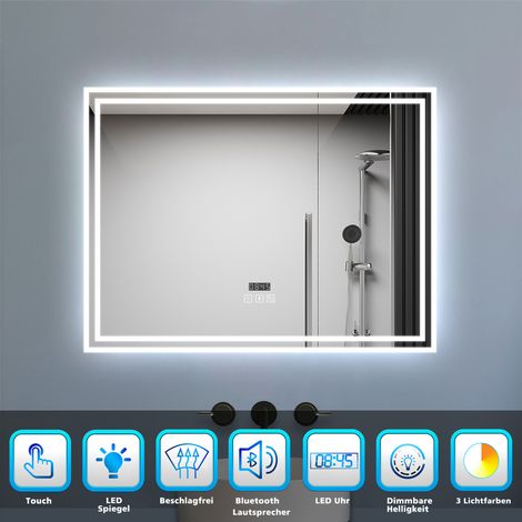 LED Badspiegel 100x60cm mit Uhr Bluetooth 3 Lichtfarbe Dimmbar Beschlagfrei Speicherfunktion Badezimmer Spiegel CE IP44 (1/5)