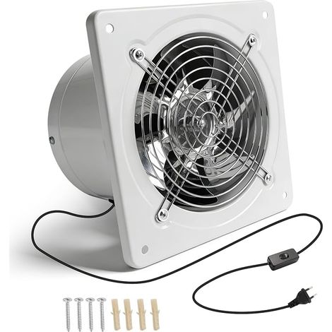 Ventilateur d'extraction d'air 150 mm 600 m³/h silencieux avec interrupteur, fiche, clapet anti-retour, 40 W, ventilateur mural, pour salle de bain, cuisine et garage (1/5)