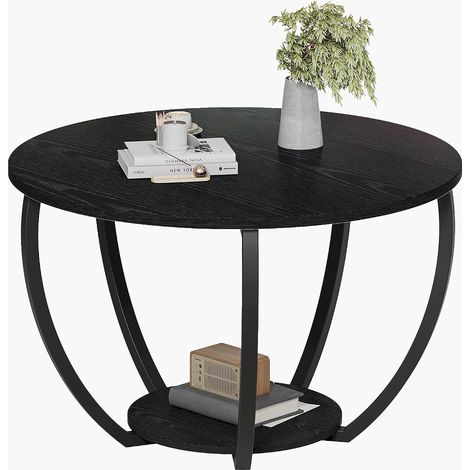 Table basse ronde, table basse ronde de 60 cm avec rangement, table basse à deux niveaux pour le salon, petite table basse, table basse pour canapé de bureau à domicile, noire (1/5)