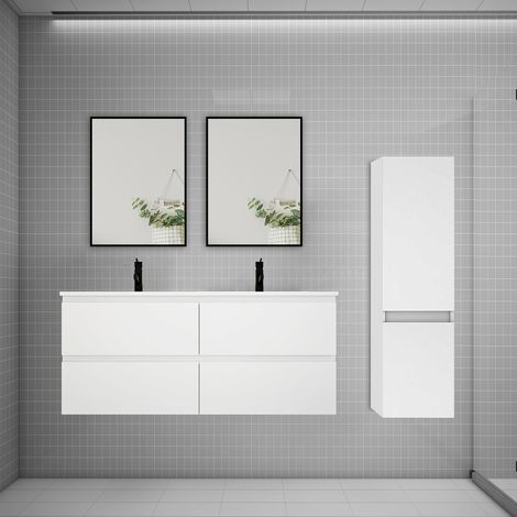 Ensemble 2 meubles blanc et vasques L.120cm 4 tiroirs + colonne haut + lavabo + 2xmiroir-suspendu (1/5)