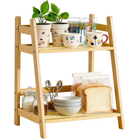 1 - Étagère De Cuisine - Organisateur De Rangement - Design 2 Niveaux En Bambou Imitation Rotin - Pour Tasses Épices Et Accessoires De Bar - Naturel - 27x17,5x28,5cm (1/5)