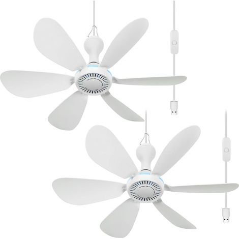 Lot de 2 ventilateurs de plafond USB à suspendre avec télécommande, minuterie, cordon d'extension de 2,1 m, 6 pales silencieuses, petit ventilateur de plafond USB CC pour camping (1/5)