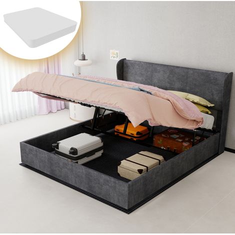 Lit moderne capitonné en tissu gris 160x200 cm avec tête de lit et coffre de rangement relevable