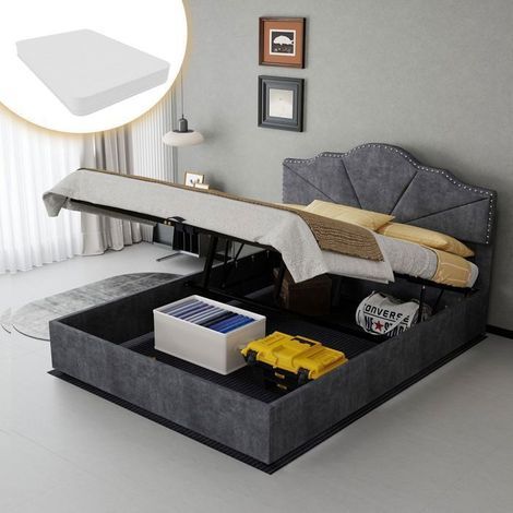 Lit Coffre 140x200 avec Rangement - Lit Capitonné - Gris Velours Matelas Inclus Tête de Lit Géométrique Design Moderne Facile Monter