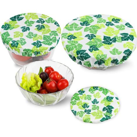 Couvercles réutilisables écologiques pour récipients alimentaires - 3 couvercles en tissu réglables imperméables pour saladier en verre, bocal, melons, bord élastique, feuilles vertes A