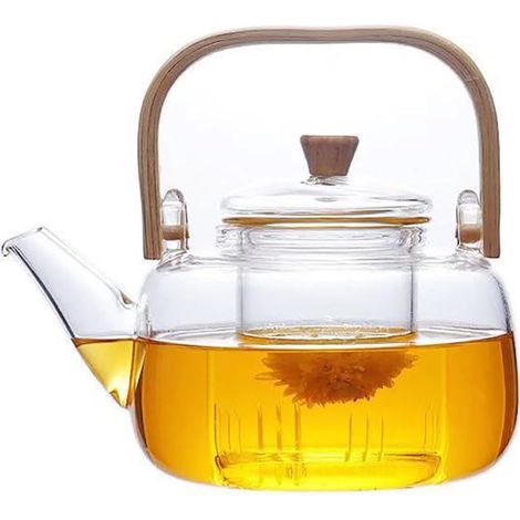 Théière en verre avec infuseur, qui va sur la cuisinière, théière en verre borosilicate avec poignée en bois avec filtre pour thé en vrac, thé en fleurs, 1 000 ml (1/5)