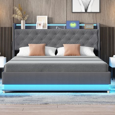 Cadre de lit rembourré avec rangement sous le lit et port de chargement USB, 160 x 200 cm, lit hydraulique, sommier à lattes en bois, cadre de lit double en lin - Gris (1/5)