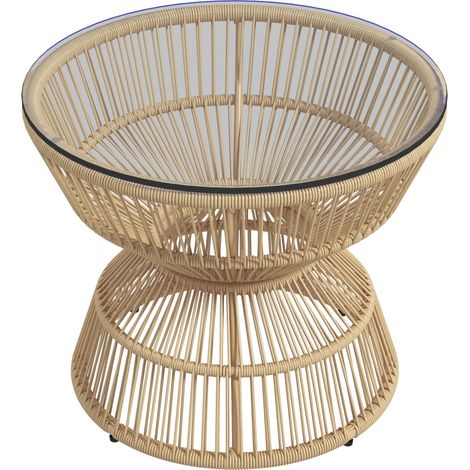 Runder Beistelltisch Ø60 cm, Rattan, Couchtisch mit Hartglasplatte im Boho-Design, Kaffeetisch aus Naturholz für Garten & Terrasse