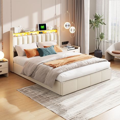 Tanant – Lit coffre 140x200 cm avec sommier à lattes – Rangement à relevage hydraulique – Tête de lit avec port USB – Éclairage LED intégré – Tissu lin beige (1/5)