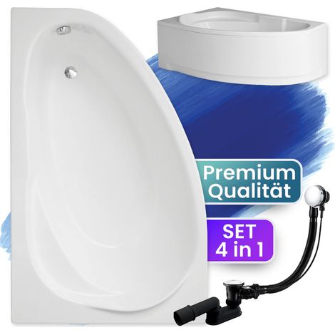 Badewanne Eckbadewanne 150x100 Links mit AcrylSchürze, Ablaufgarnitur & Füßen GRATIS - Komplettset 4in1 Original Acryl Wanne Siphon - BADLAND MAREA (1/5)