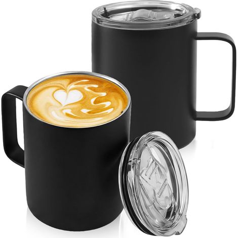 Tasses à café en acier inoxydable, 350 ml, gobelets isothermes à double paroi avec anse, tasses durables pour les voyages et le camping. (1/5)
