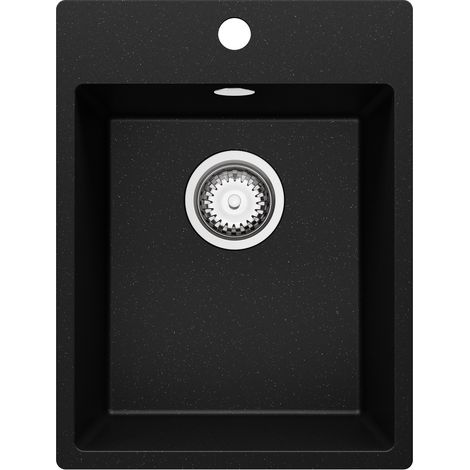 PRIMAGRAN Evier Cuisine en Granit 38x50cm, Lavabo 1 bac + Kit de Vidage, Évier à Encastrer au meuble 40cm - Riga, Noir Métallisé (1/5)