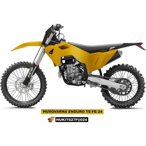KIT COMPLETO DI PLASTICHE UFO CON PROTEZIONI TELESCOPICHE (AMMORTIZZATORI) PER HUSQVARNA TE 150 / 250 / 300 '24-'25, FE 250 / 350 / 450 / 501 '24-'25 COLORE ORO