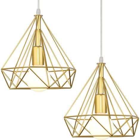 Suspension Luminaire Vintage - 2 Pièces - Métal Doré - Design Cage Diamant - Salon Cuisine Chambre - 25 cm (1/5)