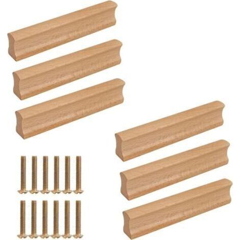Lot de 6 poignées de meubles en bois 160 mm, poignées de porte de cuisine en bois avec vis, pour armoires, salles de bains, bureaux, cuisines, meubles, etc. (160 mm) (1/5)