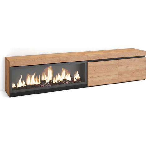 Mueble TV Gibralgalia-01 de 208x45x35 cm con chimenea eléctrica XXL, color roble y negro (1/4)