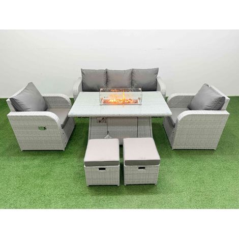 Fimous PE Rattan Garden Furniture Set Reclining Chair Sofa Lounge Sofa Set Firepit Dining Table 2 Small Stools Light Grey (1/5)