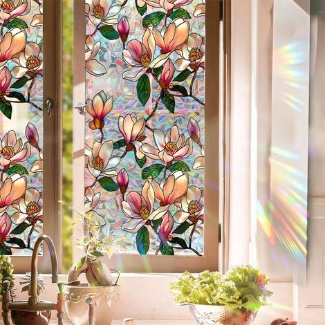 Pellicola adesiva decorativa per finestre con motivo floreale, effetto vetrata, arcobaleno, anti-UV e ad adesione statica (Loto) - 1 pezzo (1/5)