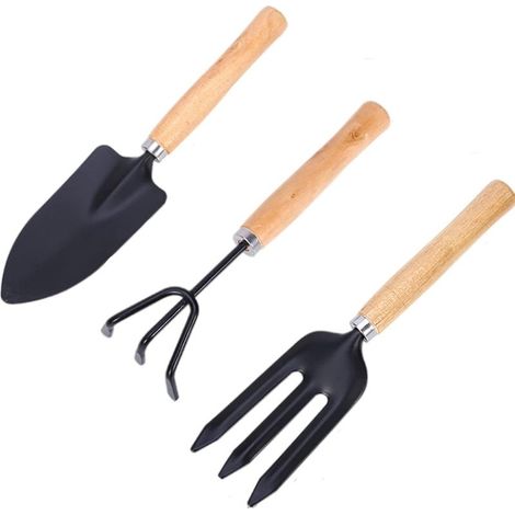 Ensemble de 3 mini-outils de jardin, comprenant une petite pelle, une bêche et un manche de râteau, pour les plantes d'intérieur et de jardin. (1/5)