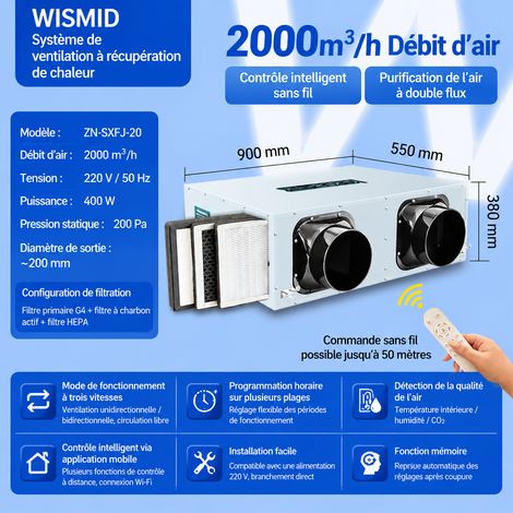Système de ventilation VMC double flux intelligent 2000 m³/h avec purification 220V 2000 réf 3091 40 kg – Livraison gratuite