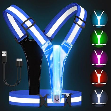 Gilet de sécurité de course à pied avec LED réfléchissantes bleues - 3 modes d'éclairage réglables, chargement USB (1/5)