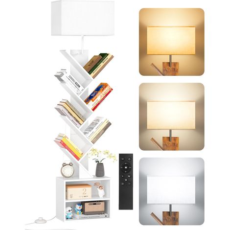 Petite Bibliothèque Arbre en Bois sur Pied avec Éclairage, Étagère à 9 Niveaux avec Télécommande et Armoire, Meuble d’Angle pour Livres, CD et DVD, pour Salon, Chambre, Bureau (Blanc) (1/5)