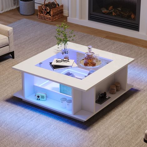 Table Basse - 70x70x30cm - Carrée Éclairage LED APP Plateau Verre Central Effet Brillant Salon - Blanc (1/5)