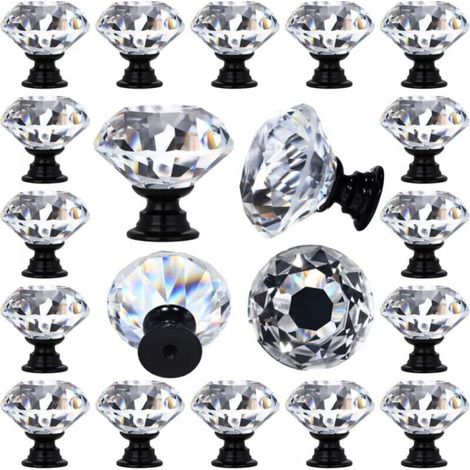 Paquete de 20 tiradores de cristal transparente para cajones, decorados con diamantes, tiradores para tocadores de cocina, base negra de 30 mm (1-1/4")
