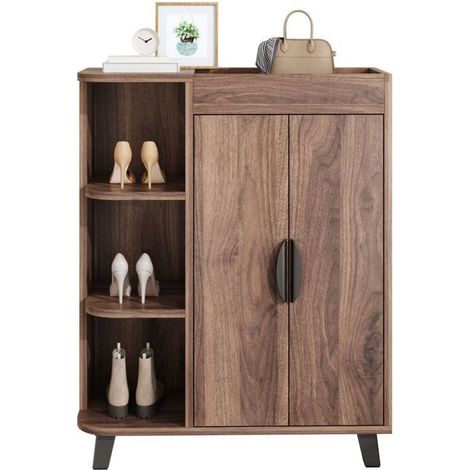 Meuble à Chaussures double porte compartiments ouverts aspect bois étagère supérieure format étroit (1/5)