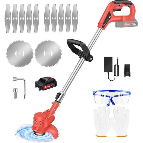 21V Coupe Bordure sans Fil avec Batterie, Coupe-Herbe électrique,Débroussailleuse à Gazon sans balais,Tête Orientable à 90°, Hauteur Réglable(1xbatterie /Rouge)