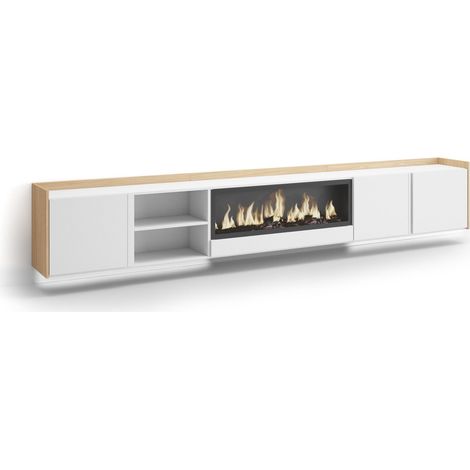 Skraut Home - Mobile TV Soggiorno, Ampio spazio a disposizione, 315x35x50cm, Per TV fino a 80", Camino elettrico XXL, Sospeso, da appendere, LED, Stile moderno, Bianco e Rovere soft (1/5)