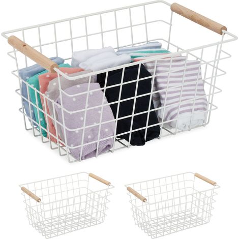 Relaxdays 3x Wire Basket, Wooden Handles, Square, Lattice Design, Clothes, Accessories, Metal Bin, 16x31x21 cm, White