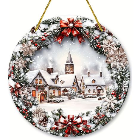 Pendule Murale Noël - Panneau Circulaire En Bois Mdf Avec Scène De Maison Enneigée - Décoration Extérieure Et Intérieure Pour Porte Ou Mur - 20 X 20 Cm (1/5)
