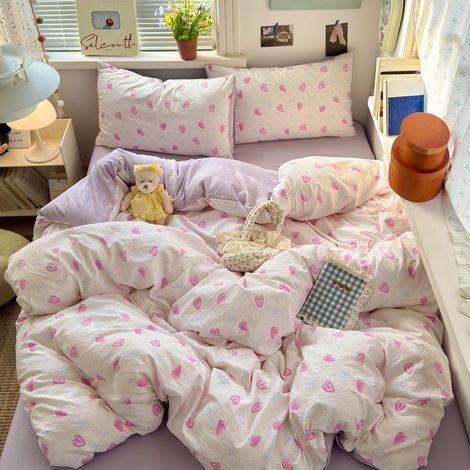 Parure de Lit 4 Pièces en Coton Lavé Ultra-Doux Qualité A, Housse de Couette 180x220 cm avec Drap-Housse et Drap Plat, Linge de Lit Étudiant Motif Fraise, Ensemble Literie Confortable pour Lit 180 cm-