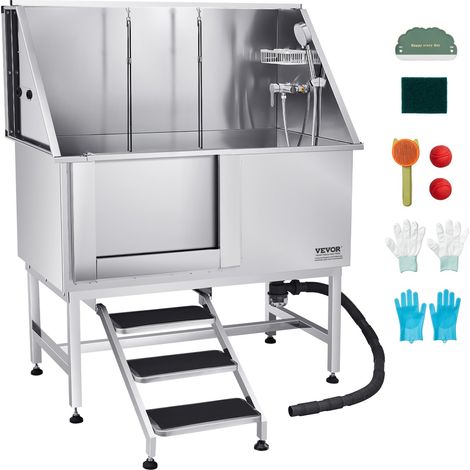 Baignoire de Chien Acier Inoxydable, Baignoire de Toilettage pour Animaux de Compagnie 127 cm Station de Lavage Chat, avec Escalier, Panneau Filtre à Eau, Robinet, Pommeau Douche, Porte Gauche (1/5)