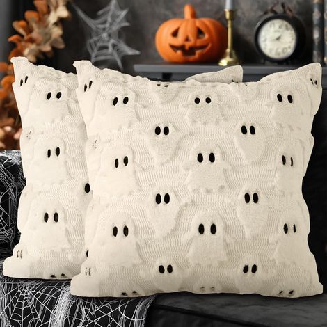 Lot de 2 (Blanc) Fantôme Housse de Coussin Halloween 45x45 cm, Fantôme à Deux Yeux Vintage Parure Oreiller Décoration de Lit Grimace Deco pour Chambre (1/5)