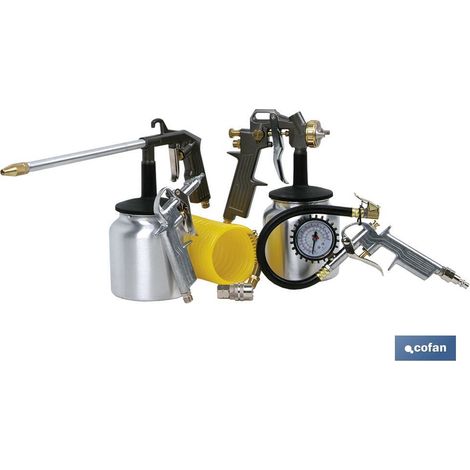 COFAN kits 5 piezas pistolas neum. , Kit de aire con enchufes rápidos en su interior. Incluye: pistola de pintar, pistola de petrolear, pistola de soplar, inflador, enchufes rápido (1/2)